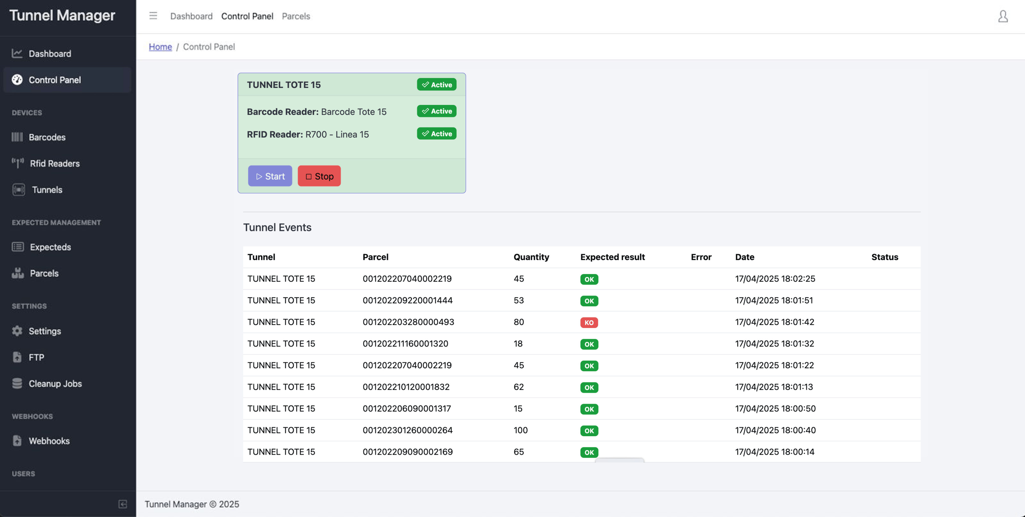 Tunnel Manager dashboard showing live inventory events