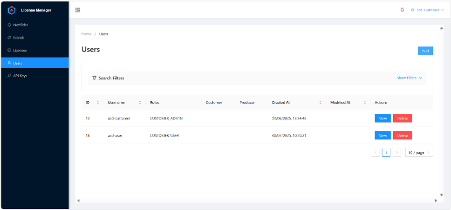 License Manager web dashboard UI
