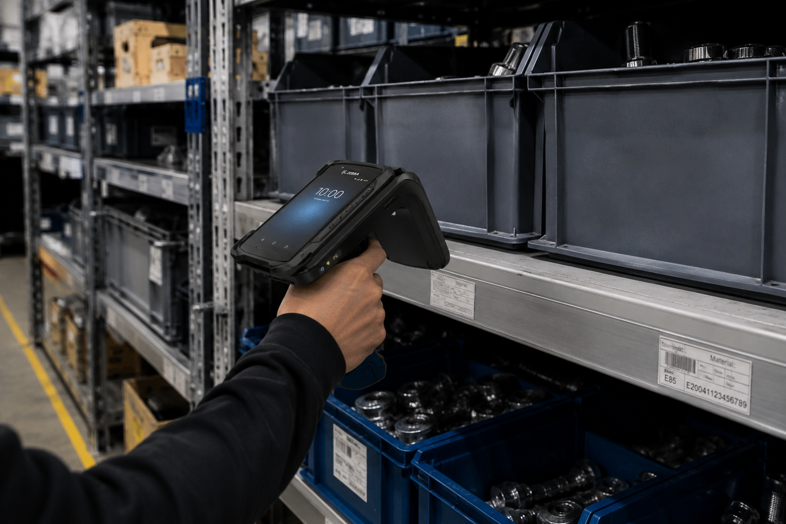RFID-tagged cassettes and parts on warehouse shelving
