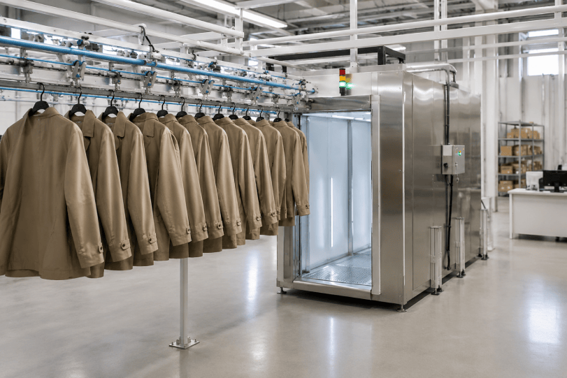 Fashion items on hangers in a logistics facility